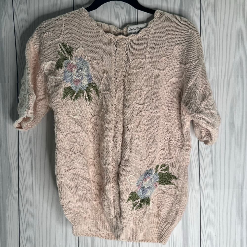 Vintage Marisa Christina Hand Knit Floral Embroidered Short Sleeve Sweater Med